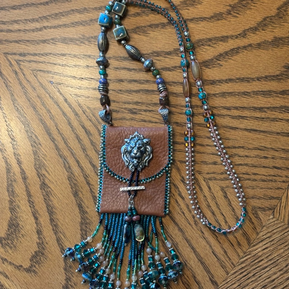 Handcrafted BeadedAmulet/medicine Bag Necklace with Lion Pendant